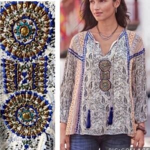 Sundance WANDRESS Pullover Peasant Boho Top Blouse White Blue Tassels Large